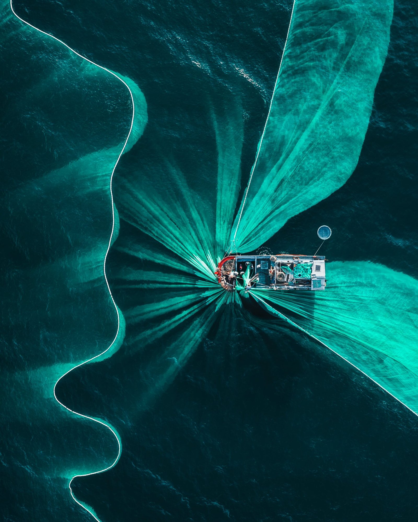 Top-down drone shot of a fishing net in Phu Yen, Vietnam